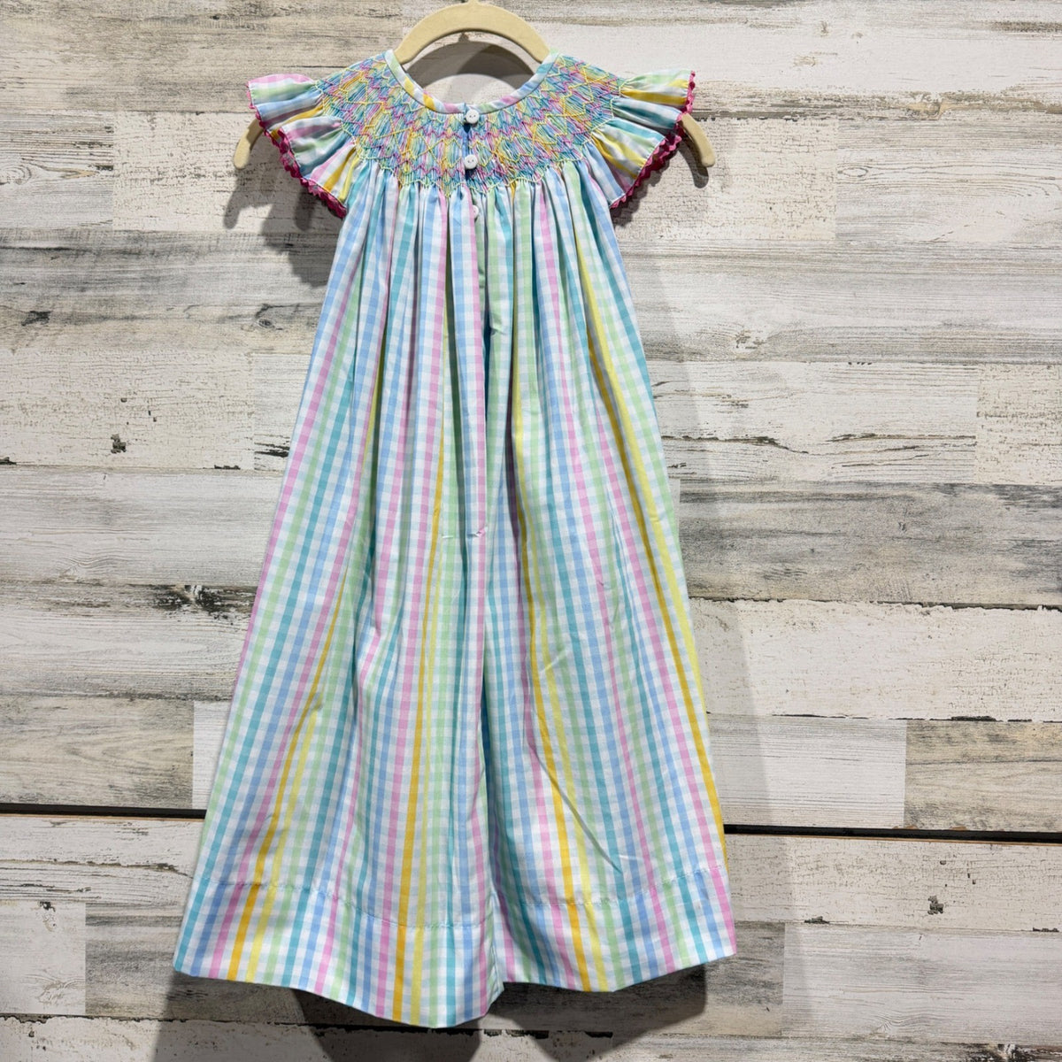 Nola Smocked Handmade Bishop Dress Girls 5T Pastel Gingham Plaid Southern4