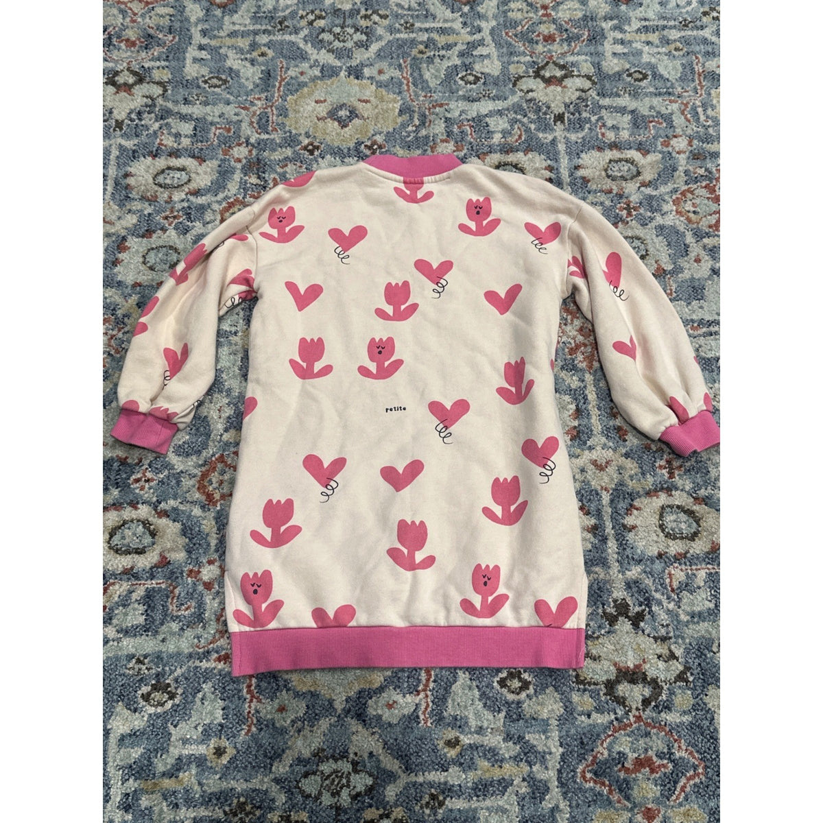 Petite Mieux Sweatshirt Dress Girls 140 (10) Pink Heart Tulip Print EUC4