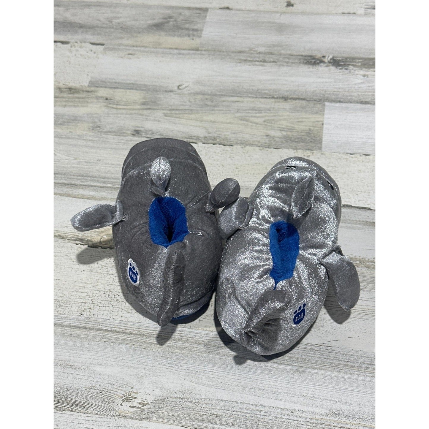 Build A Bear Shark Slippers Boys 11-12 Grey Metallic Plush Animal EUC2