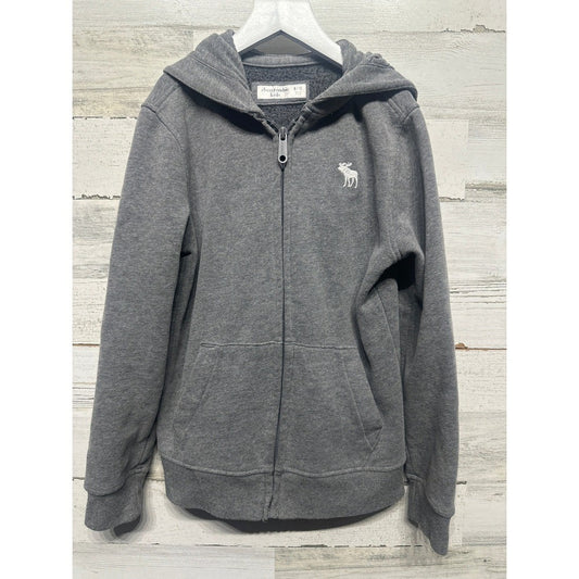 Abercrombie Full Zip Hoodie Kids Size 9/10 Grey Moose Logo Fleece EUC0