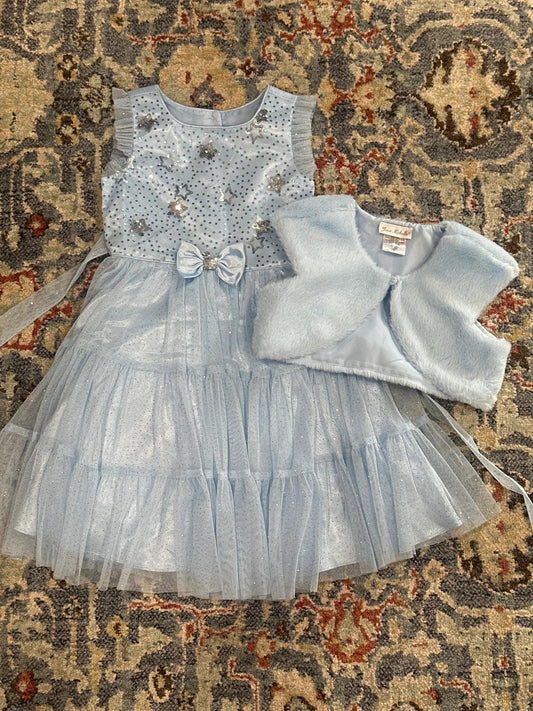 Jona Michelle Tulle Dress Girls 6 Blue Star Sequin Faux Fur Shrug Set EUC0