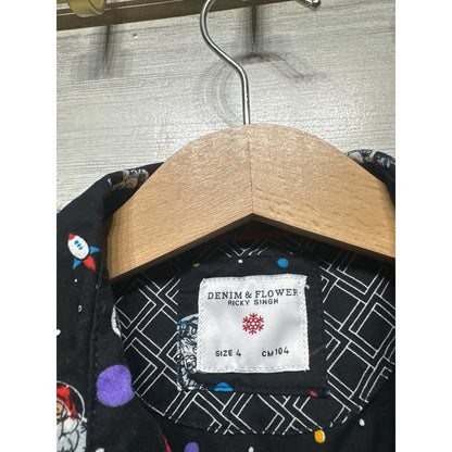 Denim & Flower Button Up Boys Size 4 Black Santa Astronaut Space Holiday EUC2