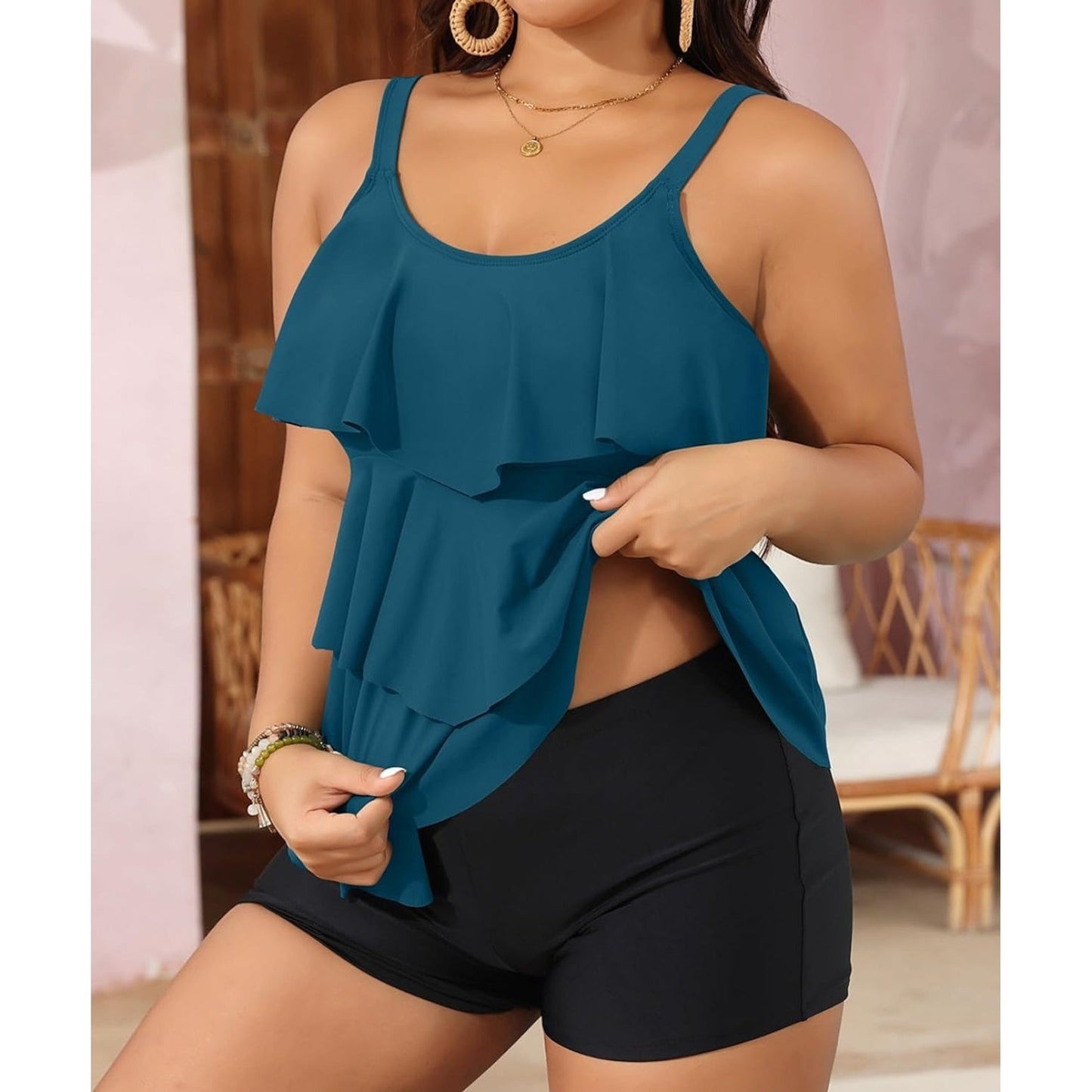 Yonique Tankini Swimsuit Women 16W Teal Black Ruffle Tummy Control NWT4