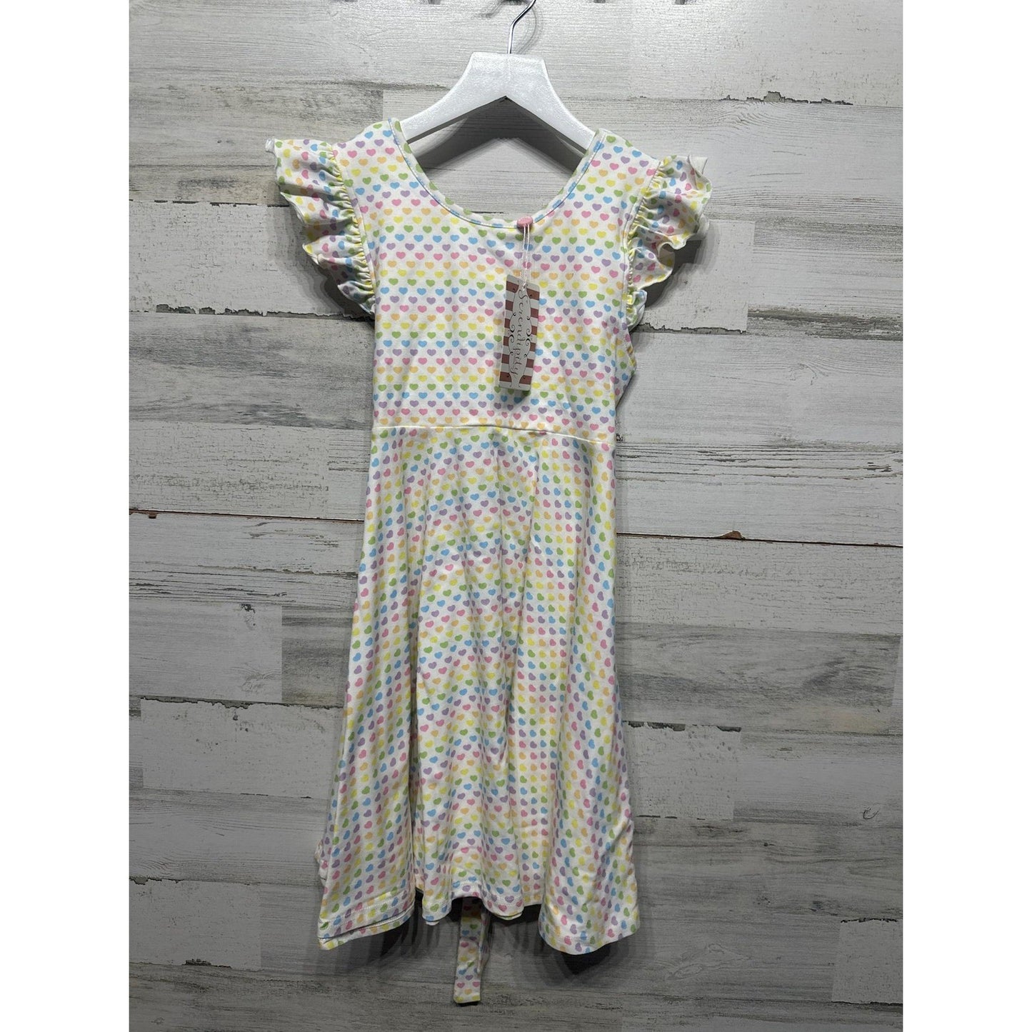 Serendipity Flutter Sleeve Dress Girls 10 White Rainbow Heart Print NWT0