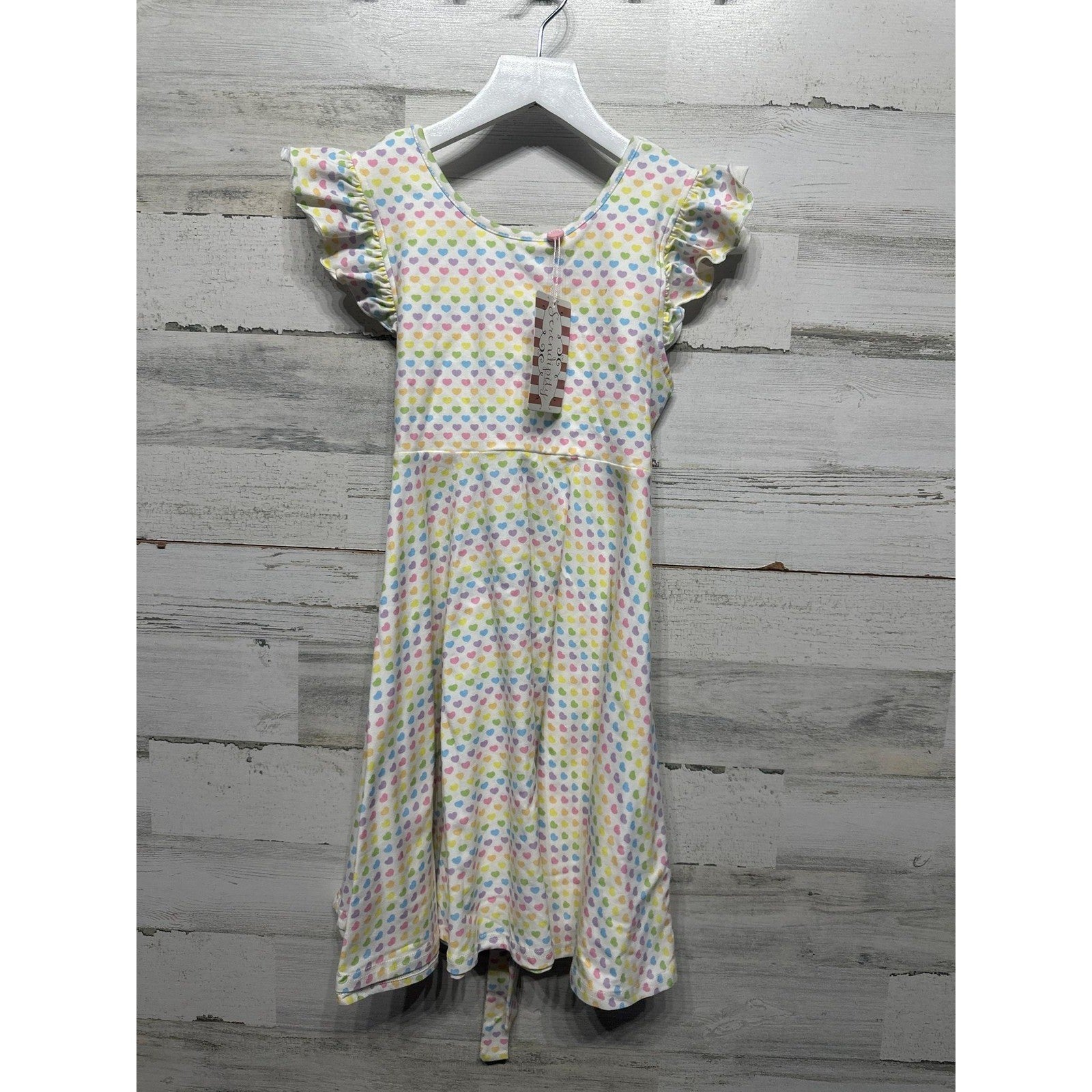Serendipity Flutter Sleeve Dress Girls 10 White Rainbow Heart Print NWT0