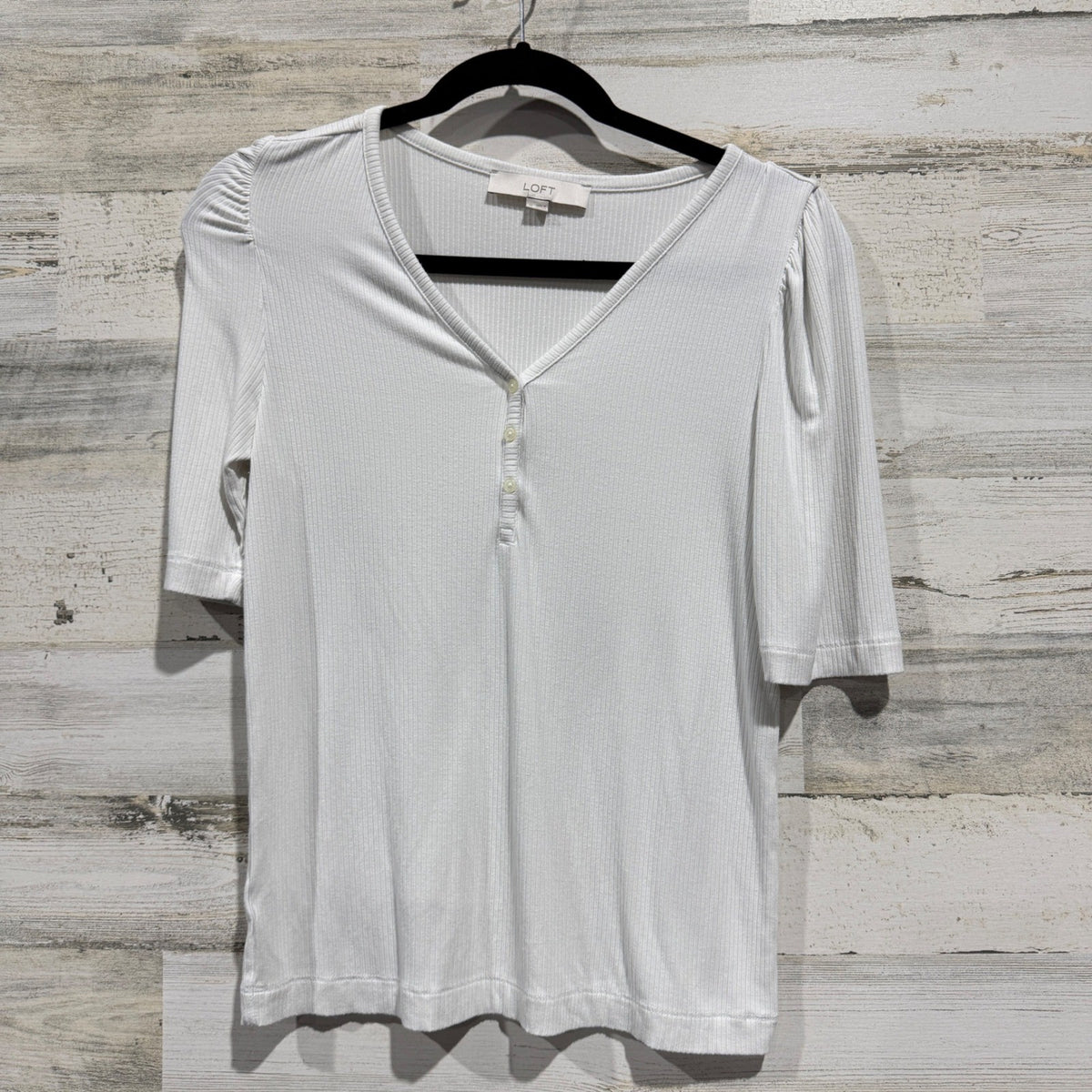 LOFT Ribbed Henley Top Women Size M White Rayon Spandex Casual Flawed*0