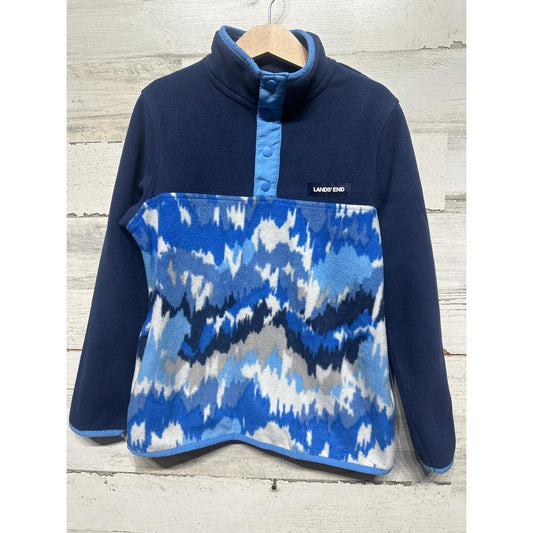 Lands End Fleece Pullover Boys 8 Navy Blue Snap Neck Geometric EUC0