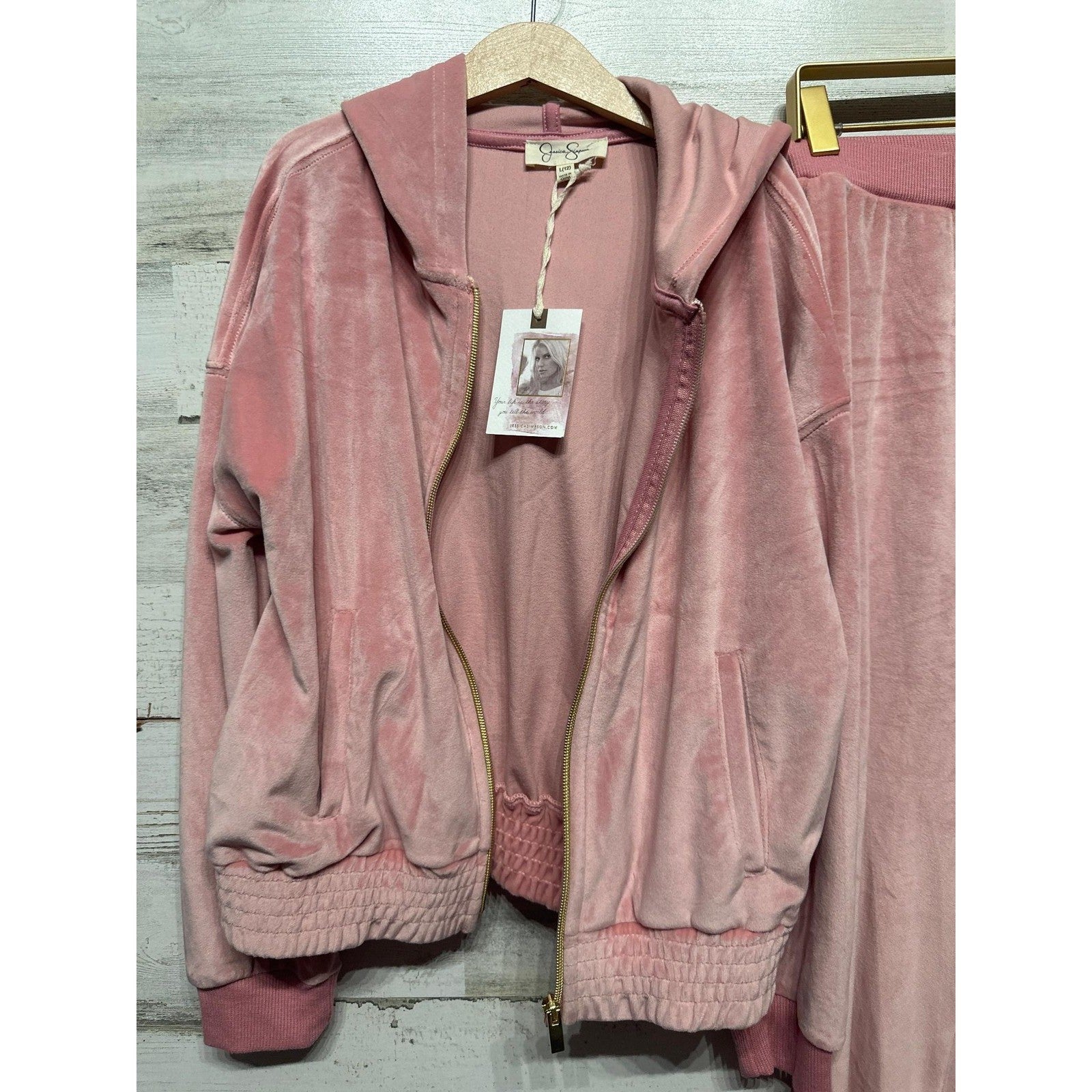 Jessica Simpson Tracksuit Set Girls 12 Blush Pink Velour Zip Hoodie Flare NWT3