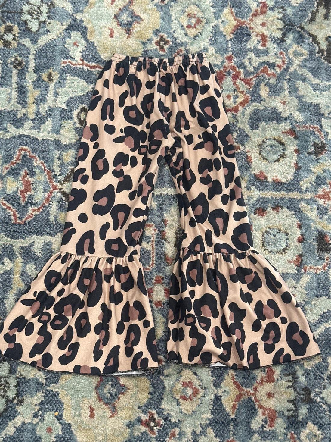 Leopard Bell Bottom Pants Girls 3T Tan Animal Print Ruffle Flare0