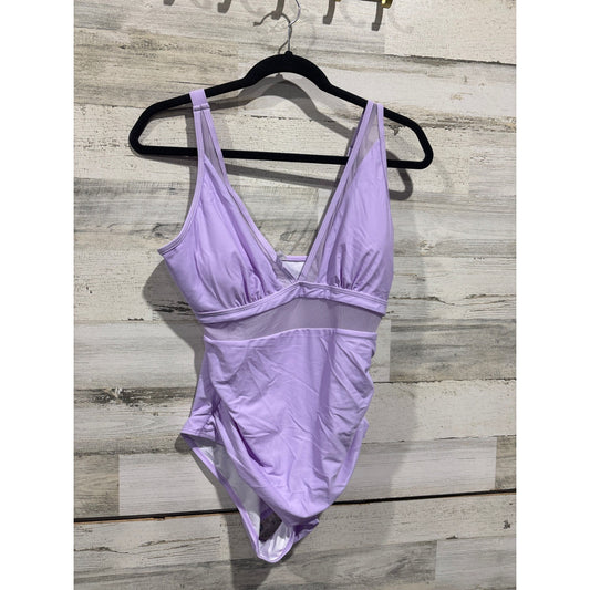 One Piece Swimsuit Women L Purple Mesh Inset Ruched Plunge EUC0