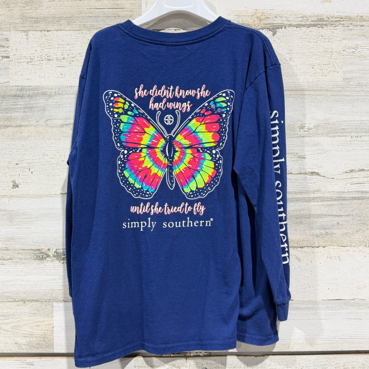 Simply Southern Long Sleeve Shirt Girls L Blue Butterfly Wings Preppy EUC4
