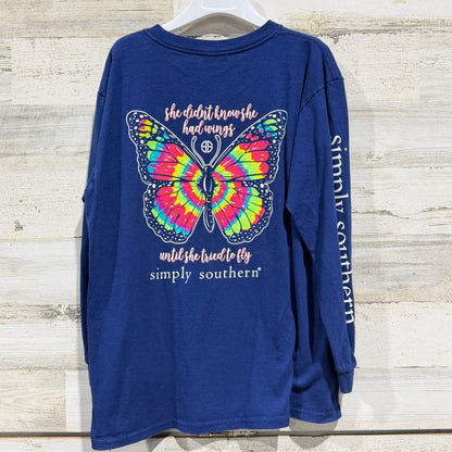Simply Southern Long Sleeve Shirt Girls L Blue Butterfly Wings Preppy EUC4
