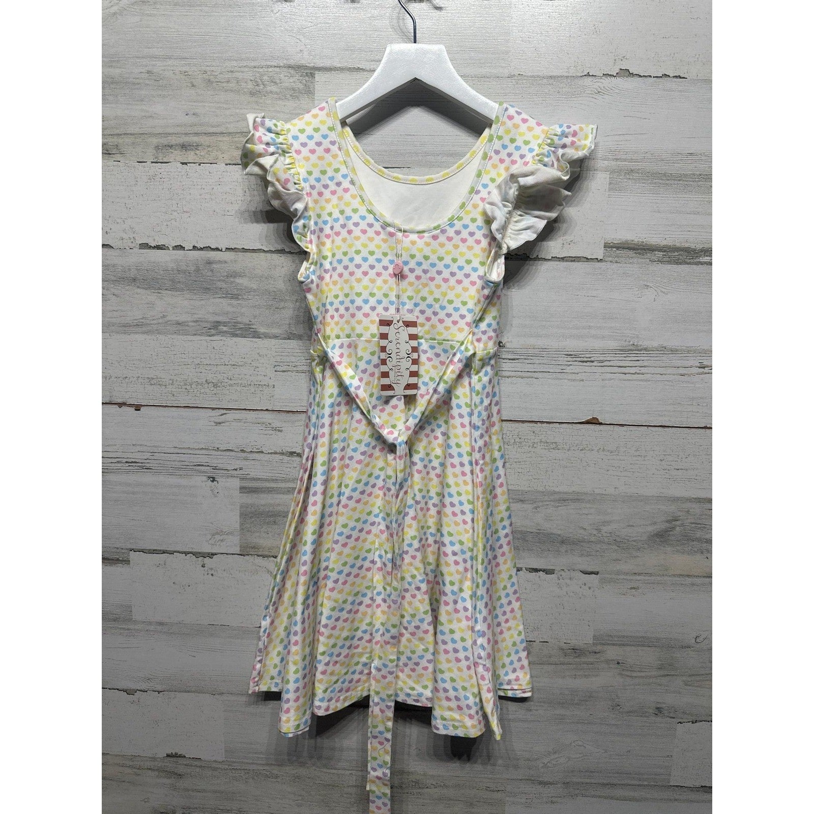 Serendipity Flutter Sleeve Dress Girls 10 White Rainbow Heart Print NWT2