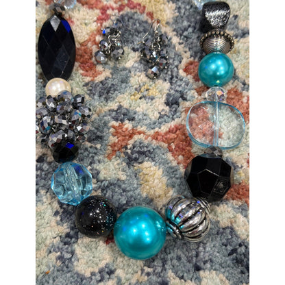 Necklace Set Women Teal Black Chunky Bead Statement EUC1