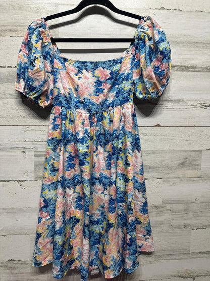 Floral Puff Sleeve Mini Dress Women Small Blue Pink Tie Back Cutout0