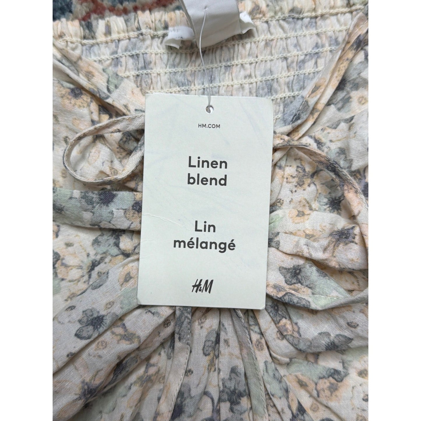 H&M Linen Blend Dress Women XL Cream Floral Puff Sleeve Tie Front NWT3