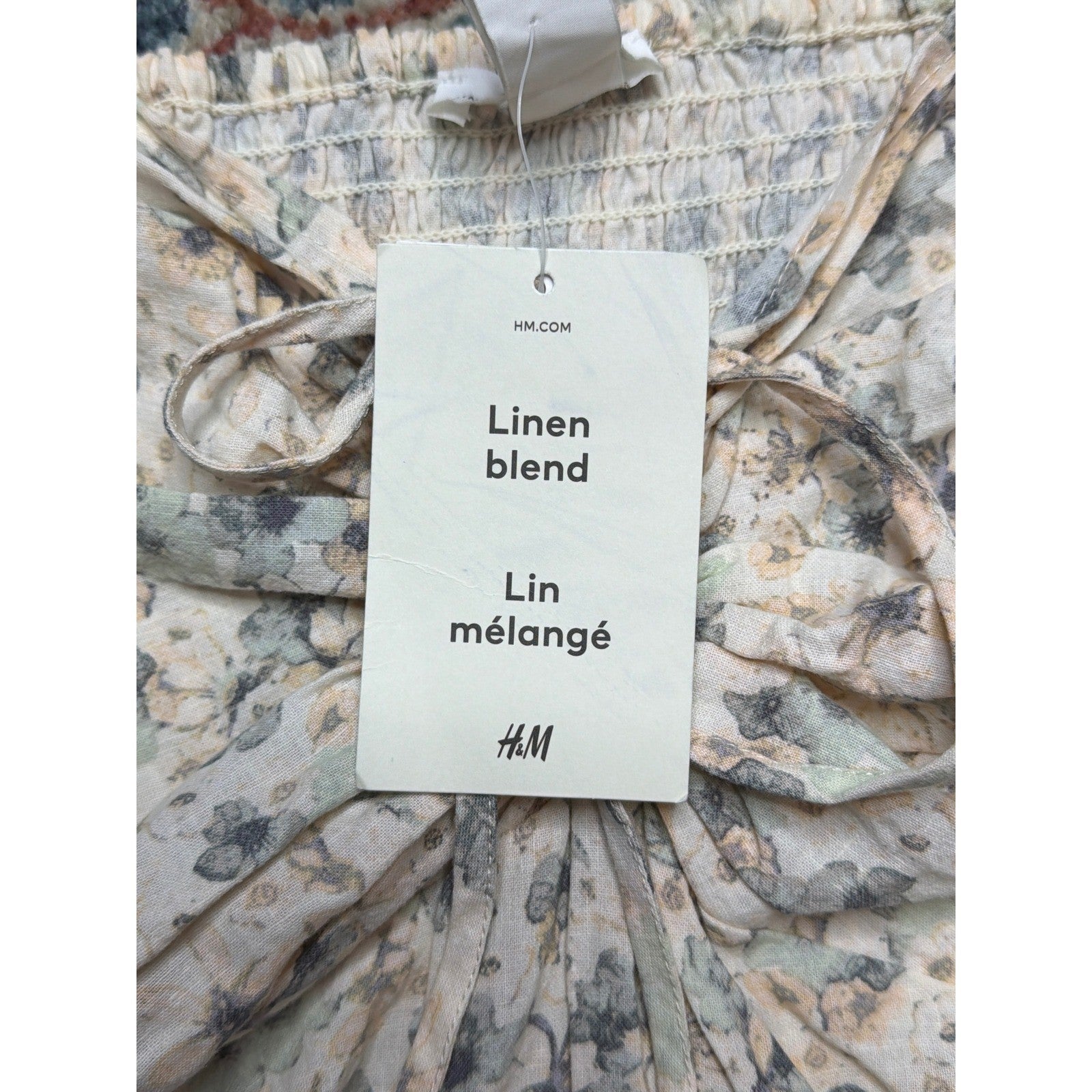 H&M Linen Blend Dress Women XL Cream Floral Puff Sleeve Tie Front NWT3