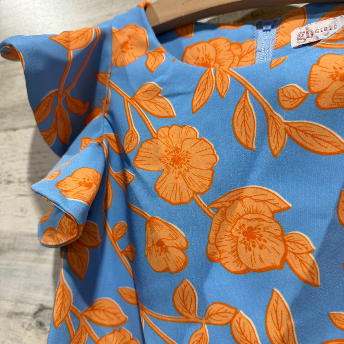 GB Girls Floral Ruffle Romper Kids Size 6 Blue Orange Spandex Modern EUC2