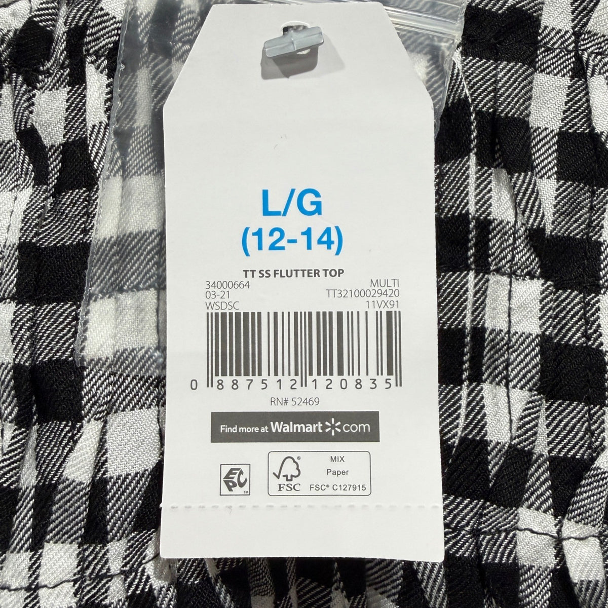 Time and Tru Flutter Top Women Size L 12-14 Black White Gingham Viscose Boho3