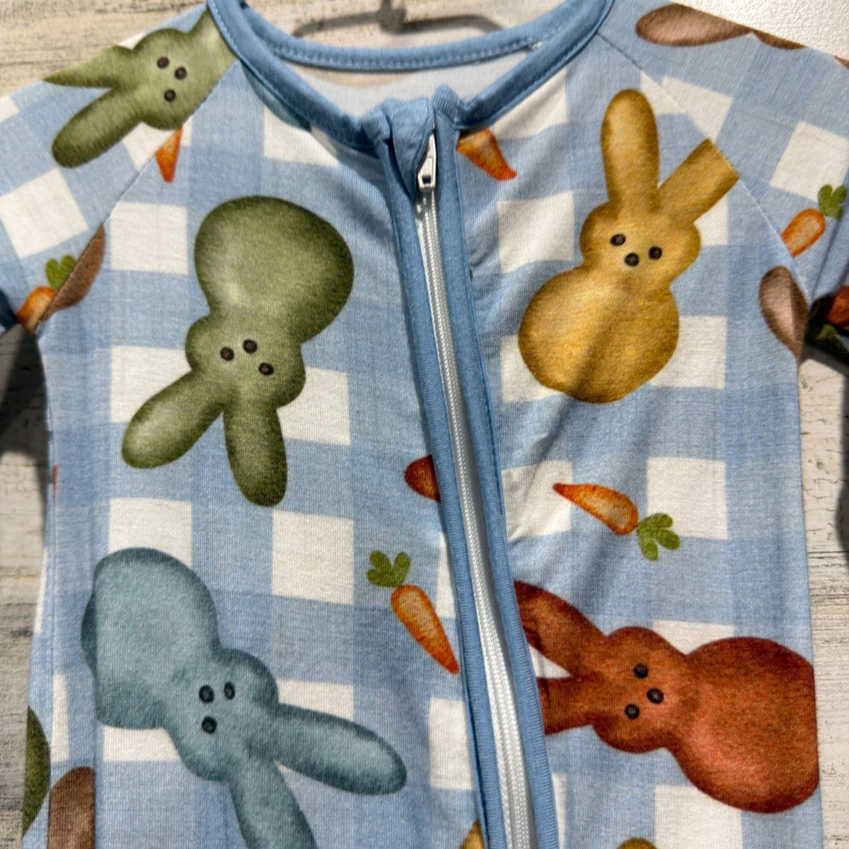 Bunny Gingham Romper Baby 0-3M Blue Bamboo Easter Spring EUC1
