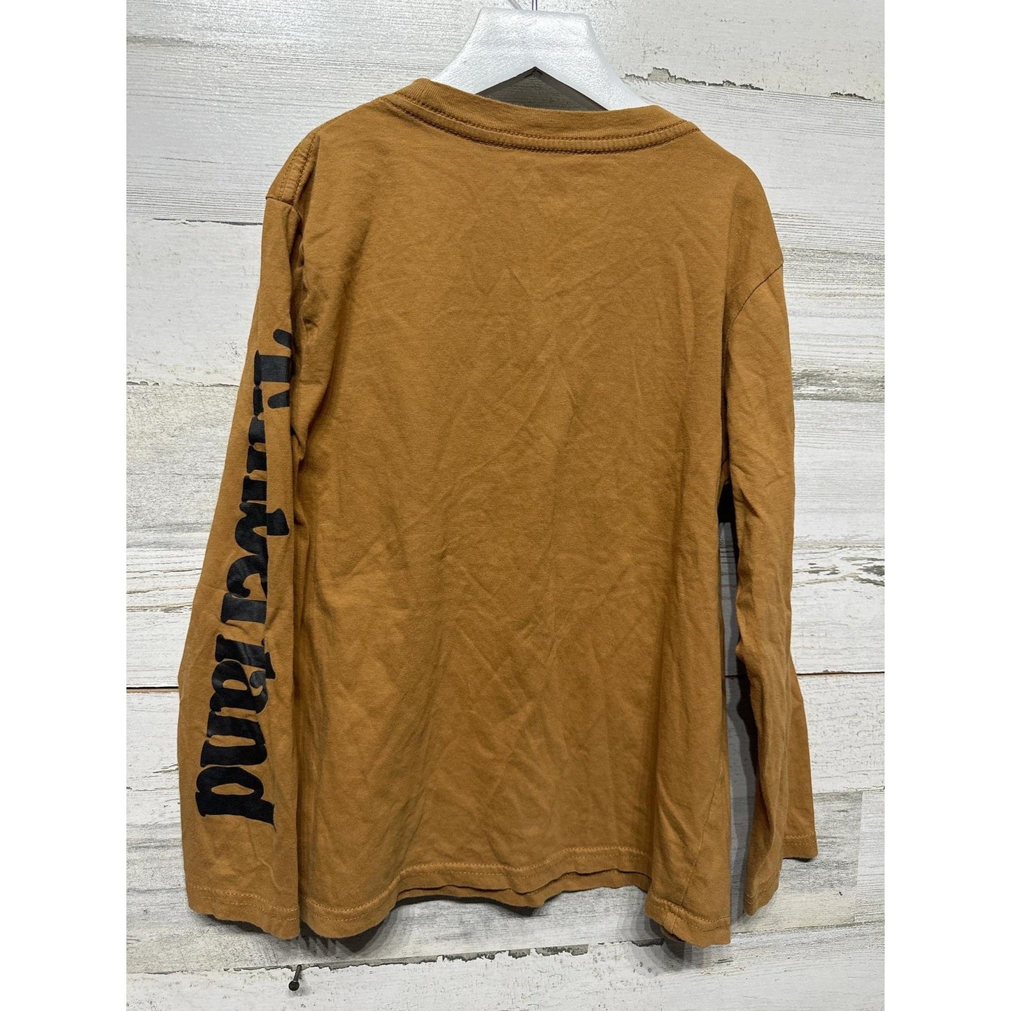 Timberland Long Sleeve T-Shirt Boys Size 8 Wheat Brown Graphic Logo EUC2