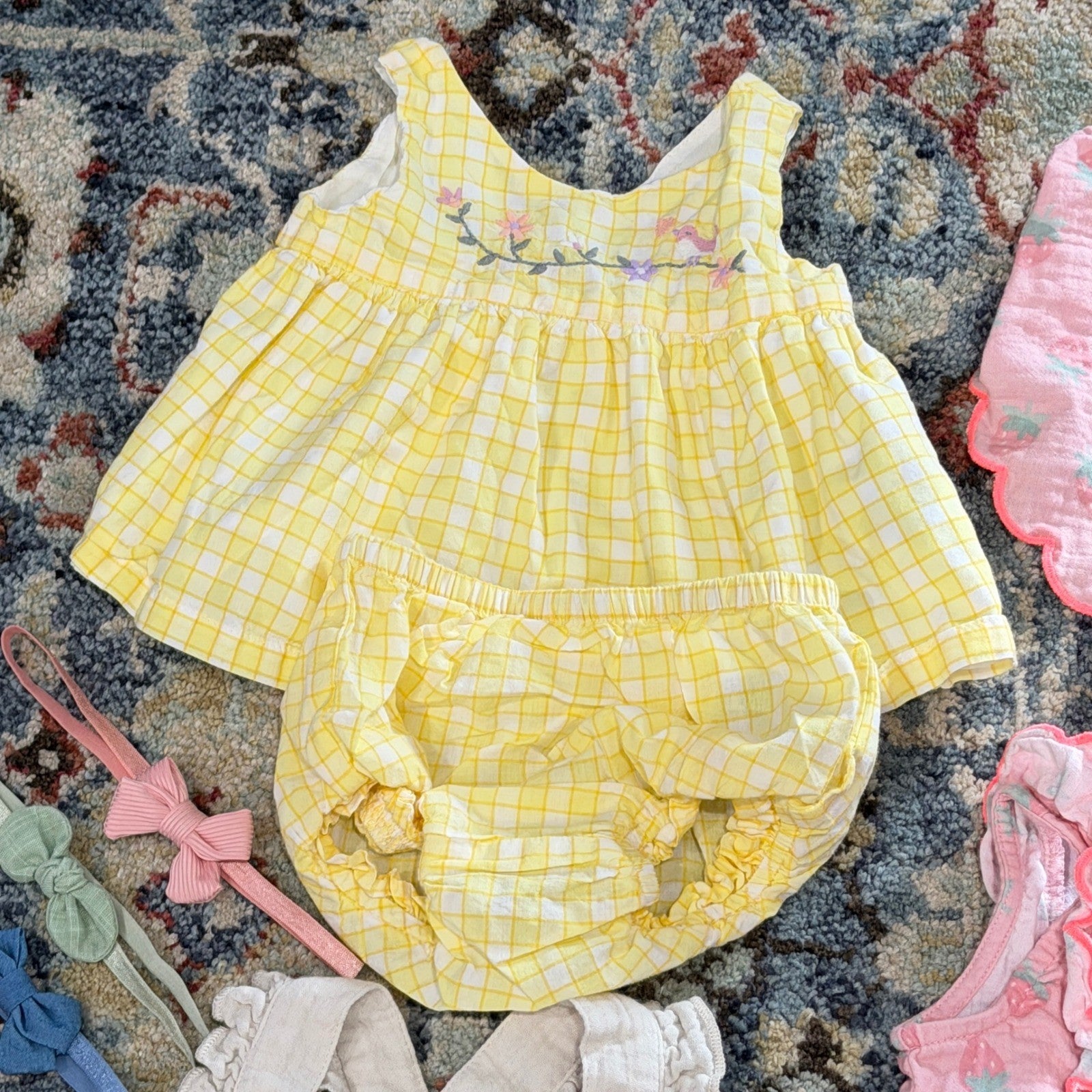 Baby Gap Burts Bees Cloud Island Girls 3-6M Yellow Pink Cream Romper Bundle EUC1