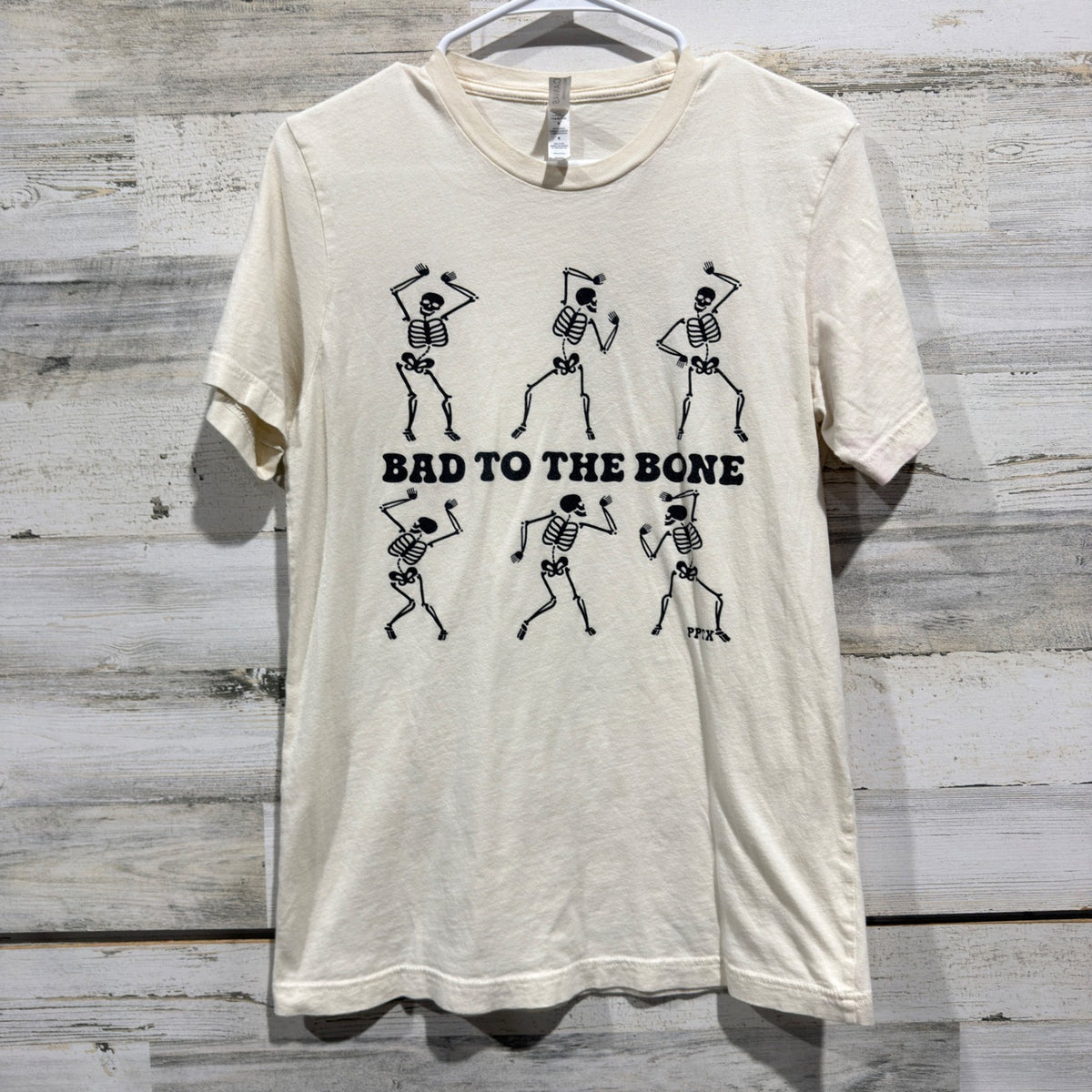 Bella Canvas Bad To The Bone Graphic Tee Women M Cream Cotton Spooky Halloween0