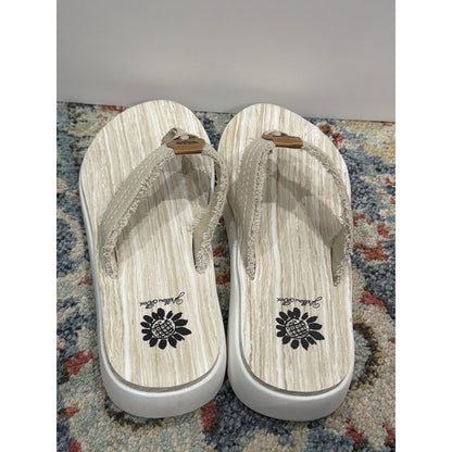 Yellow Box Sandals Women 7.5 Tan Sunflower Frayed Canvas Platform Wedge EUC2