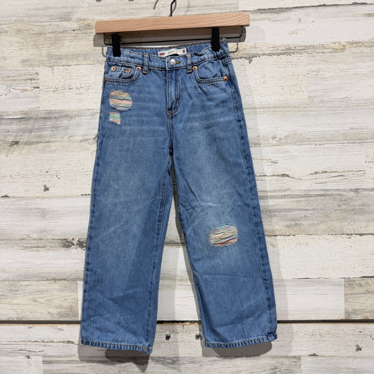 Levi Wide Leg Jeans Girls Size 6 Blue 100% Cotton Distressed Rainbow Boho 90s0