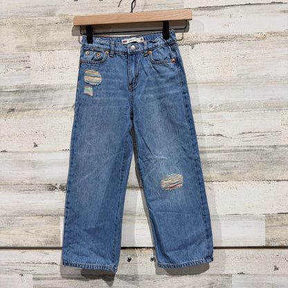 Levi Wide Leg Jeans Girls Size 6 Blue 100% Cotton Distressed Rainbow Boho 90s0