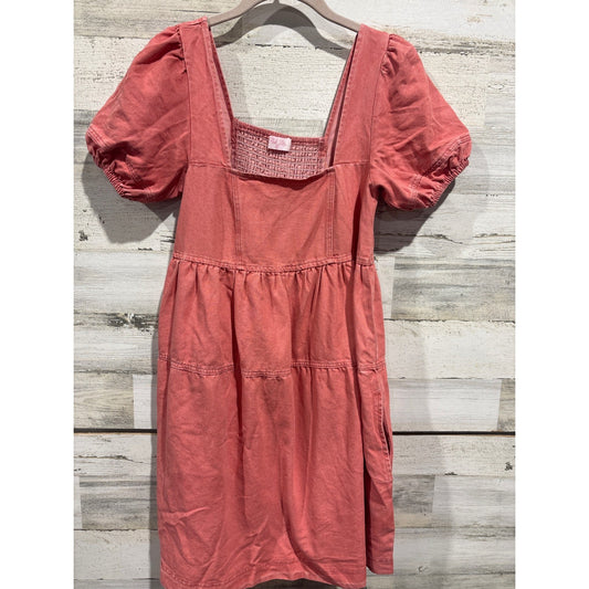 Pink Lily Denim Dress Womens Small Pink Puff Sleeve Tiered Babydoll Boho EUC0