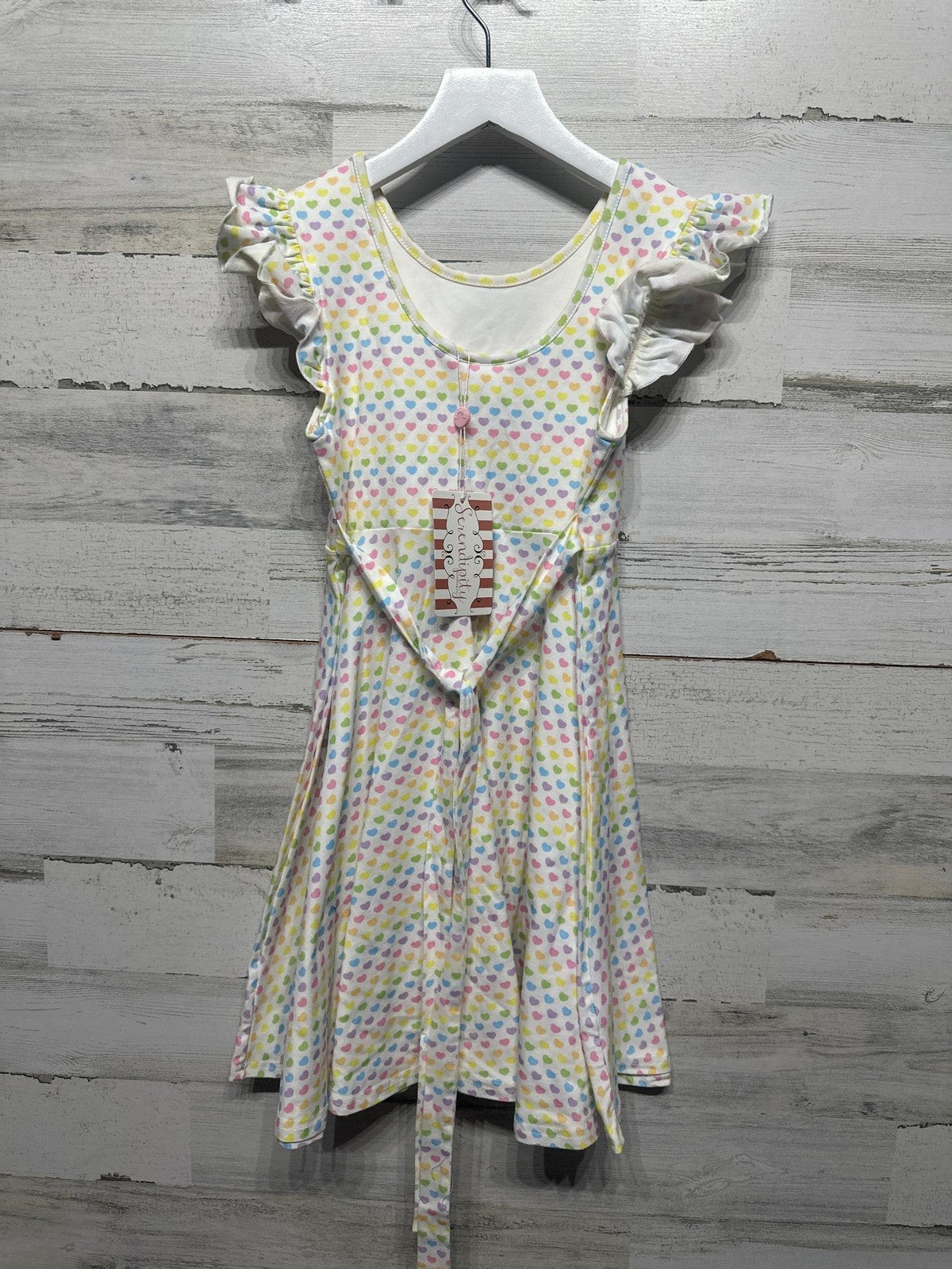 Serendipity Flutter Sleeve Dress Girls 10 White Rainbow Heart Print NWT2