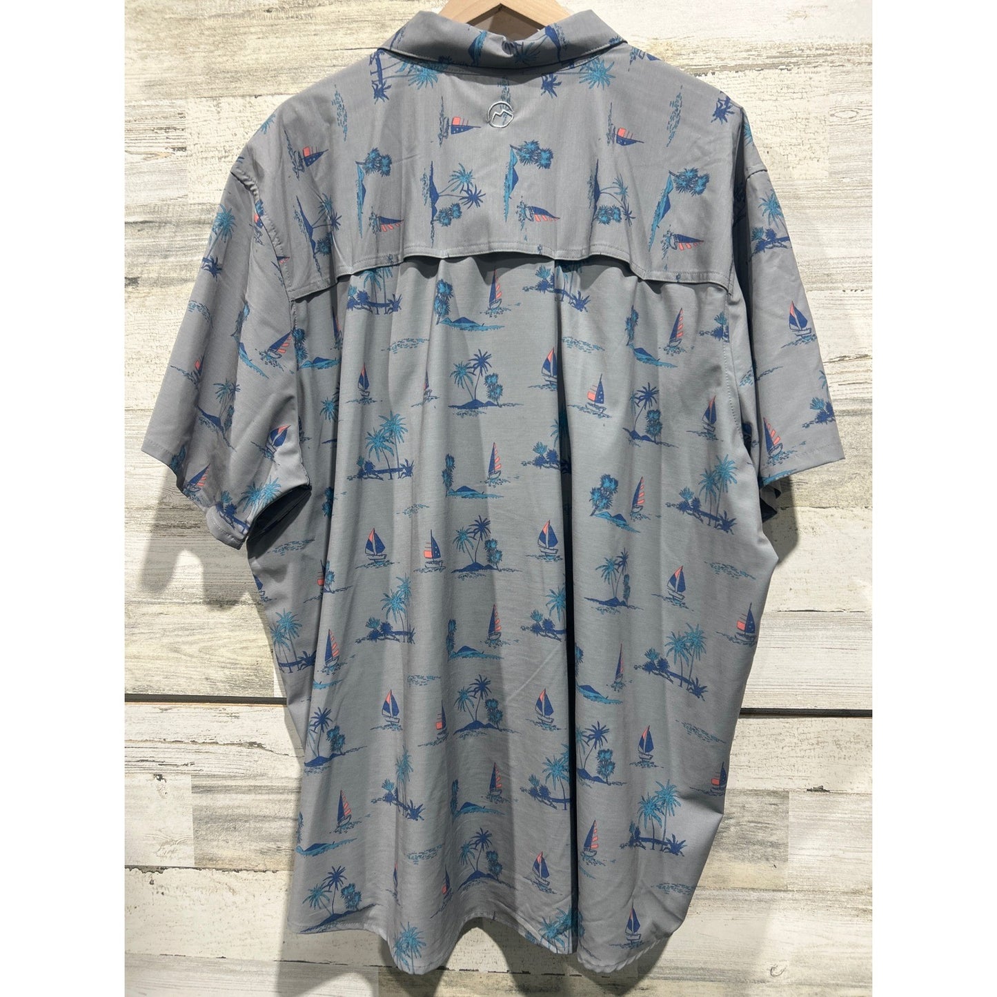 Magellan Button Down Shirt Men 3XL Gray Tropical Sailboat Fishing Gorpcore EUC3