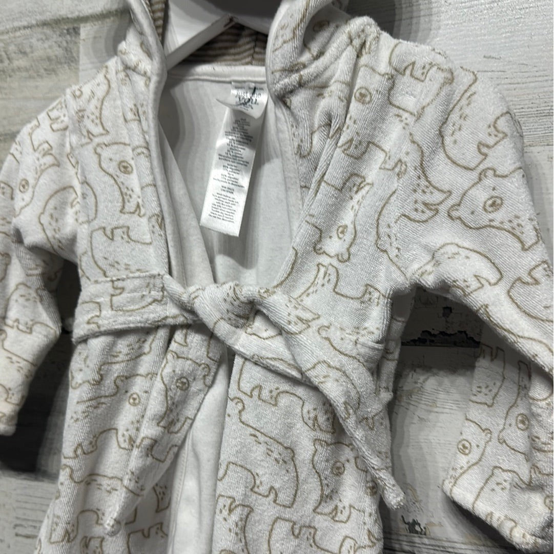 Just One You Hooded Terry Bear Robe Boys 0-9m White Tan Animal Print EUC1