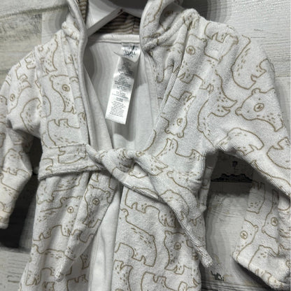 Just One You Hooded Terry Bear Robe Boys 0-9m White Tan Animal Print EUC1