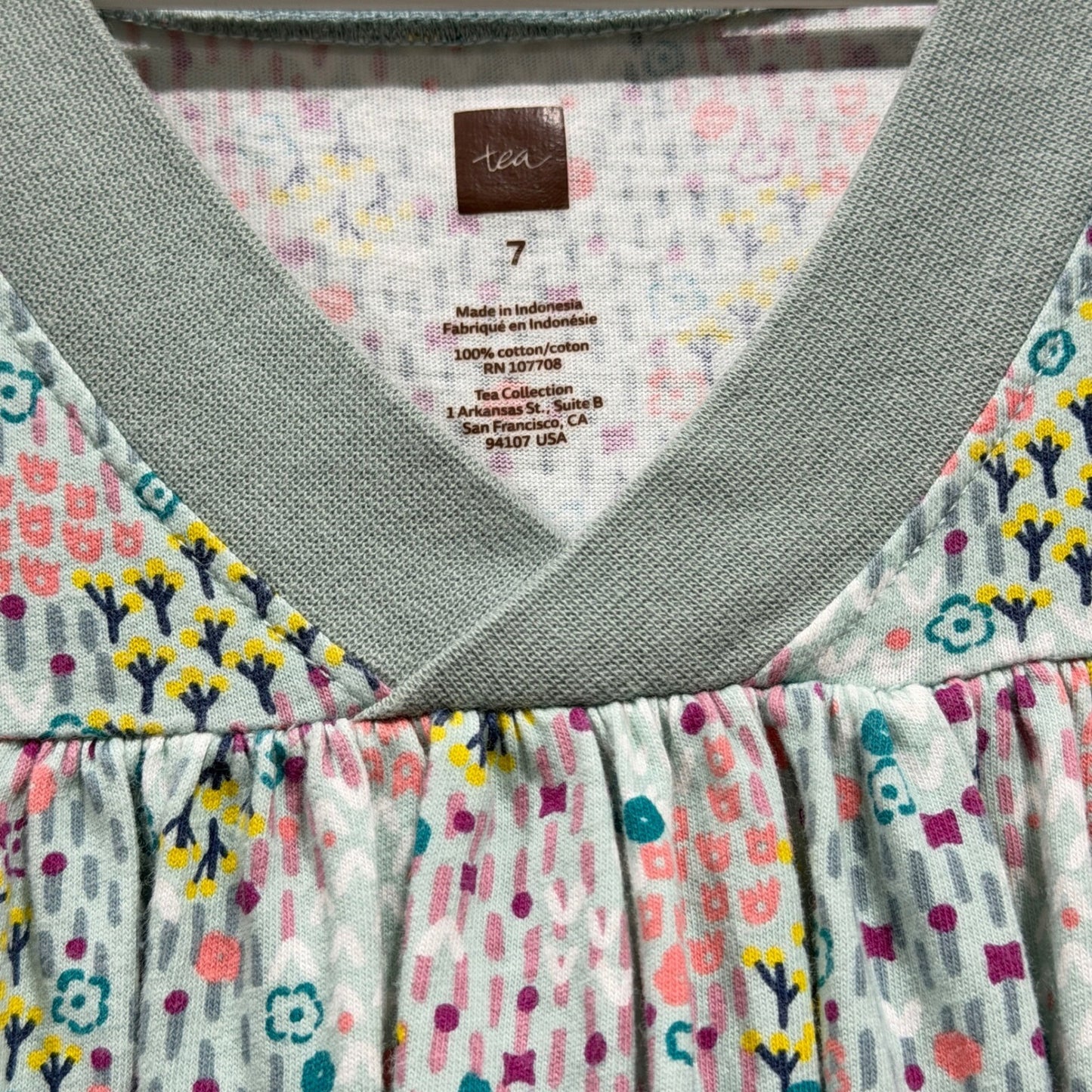 Tea Collection Dress Girls 7 Green Multi Floral Cotton Jersey Boho EUC1