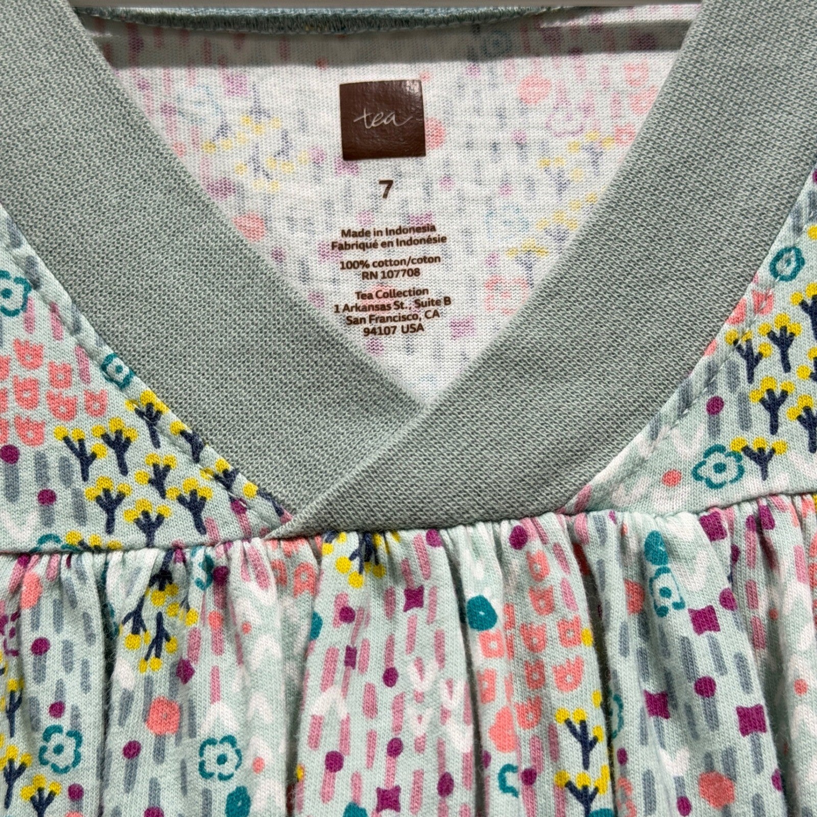 Tea Collection Dress Girls 7 Green Multi Floral Cotton Jersey Boho EUC1