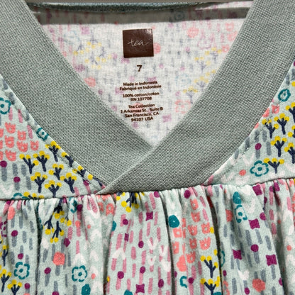 Tea Collection Dress Girls 7 Green Multi Floral Cotton Jersey Boho EUC1