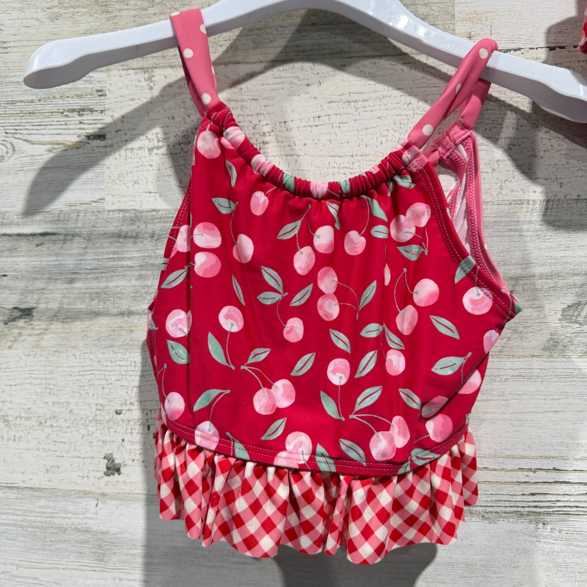 Matilda Jane Tankini Swimsuit Girls 10 Red Cherry Gingham Ruffle Retro EUC1