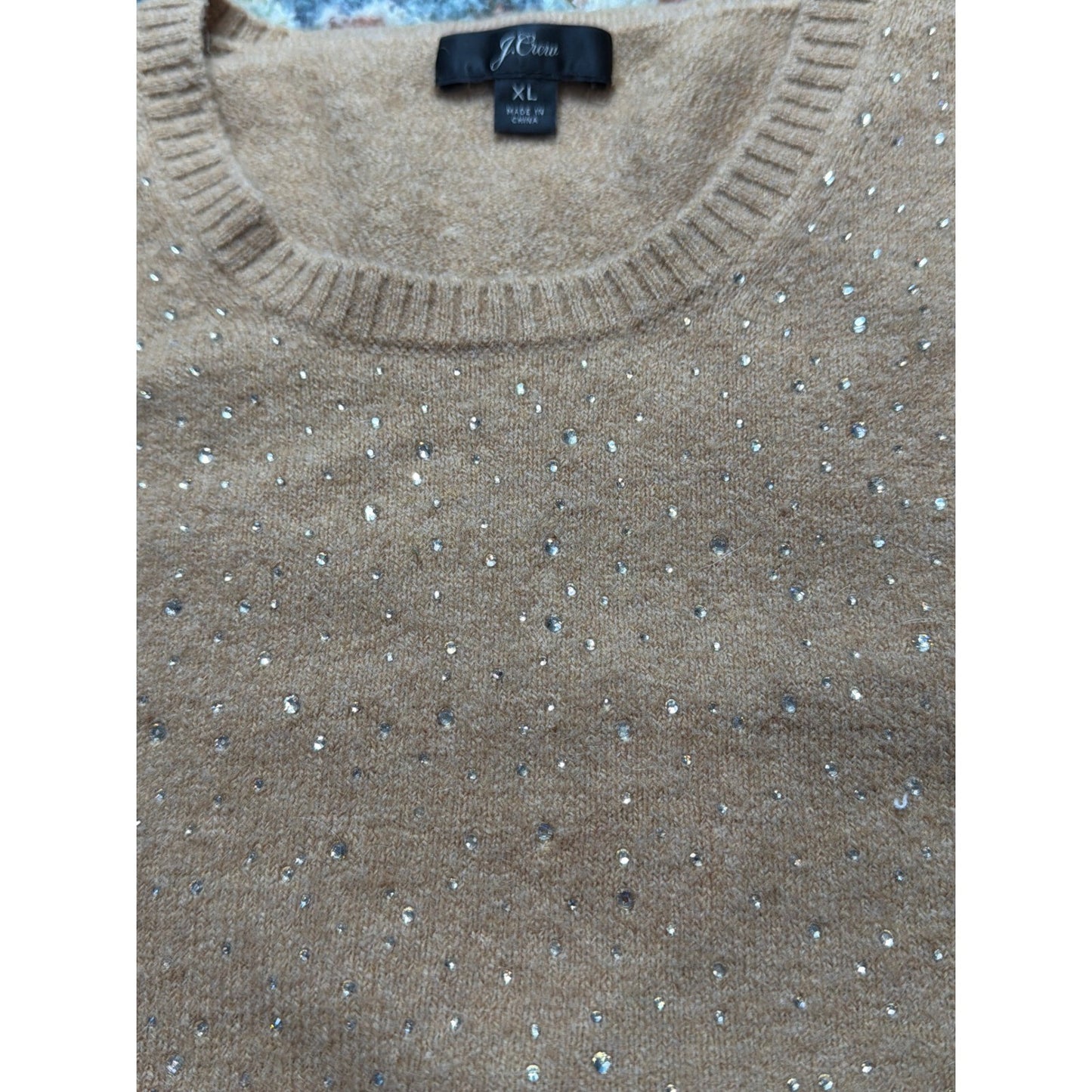 J. Crew Short Sleeve Sweater Women XL Tan Rhinestone Merino Wool Blend EUC3