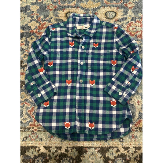 Mini Boden Flannel Shirt Kids 3-4Y Green Blue Fox Plaid Button Down EUC0