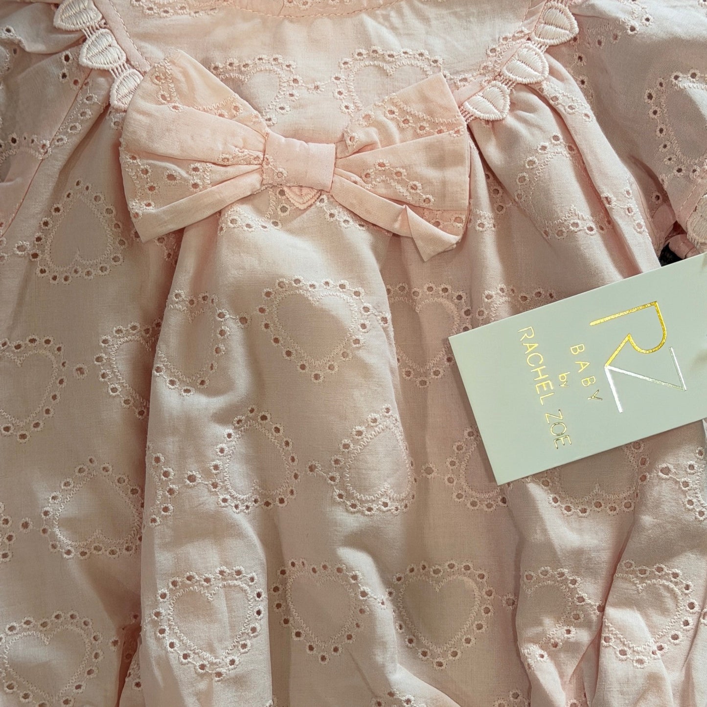 Rachel Zoe Romper Set Girls 3-6M Pink Heart Eyelet Bow Coquette NWT4