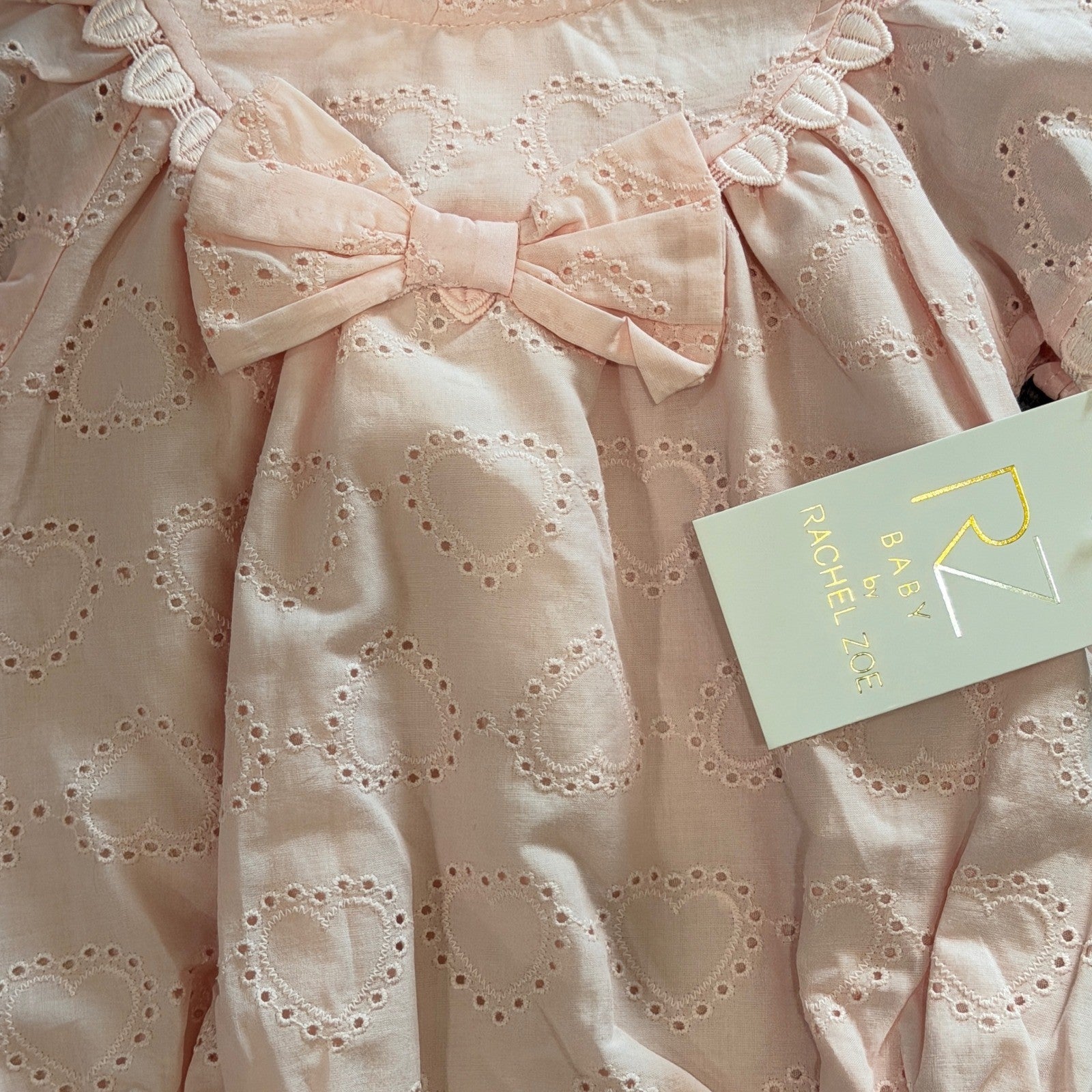 Rachel Zoe Romper Set Girls 3-6M Pink Heart Eyelet Bow Coquette NWT4
