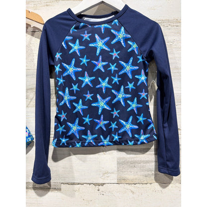Swim Bundle George Lands End Rash Guard Girls 4 Blue Pink Fringe Starfish EUC2