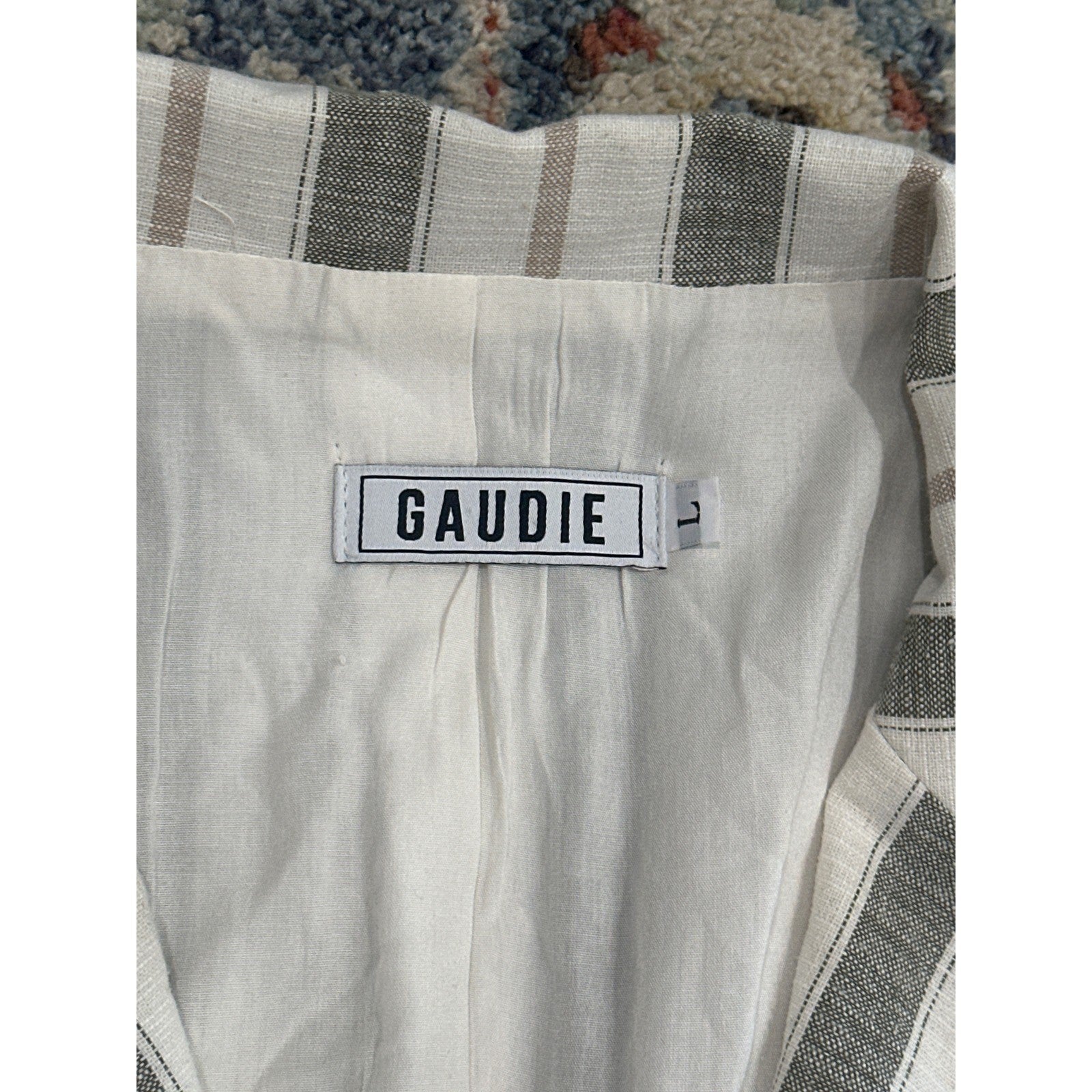 Gaudie Striped Blazer Women Large White Grey Tan Coastal Interview Two Button1