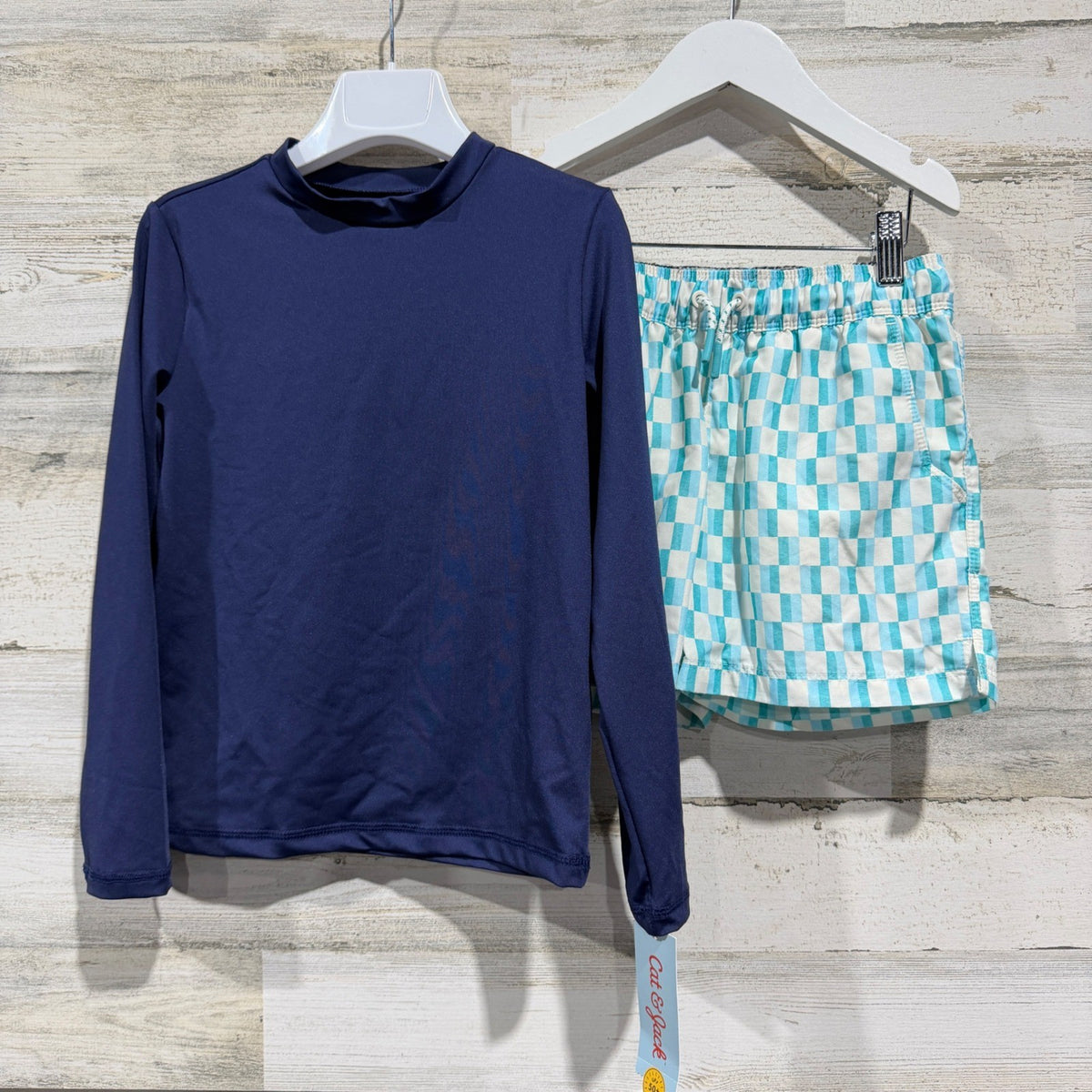 Cat & Jack Art Class Swim Set Boys S 6/7 Navy Teal Checkered Modern0