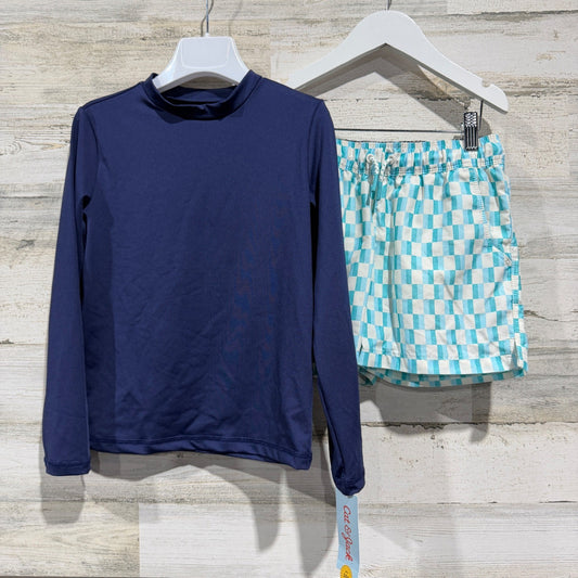 Cat & Jack Art Class Swim Set Boys S 6/7 Navy Teal Checkered Modern0