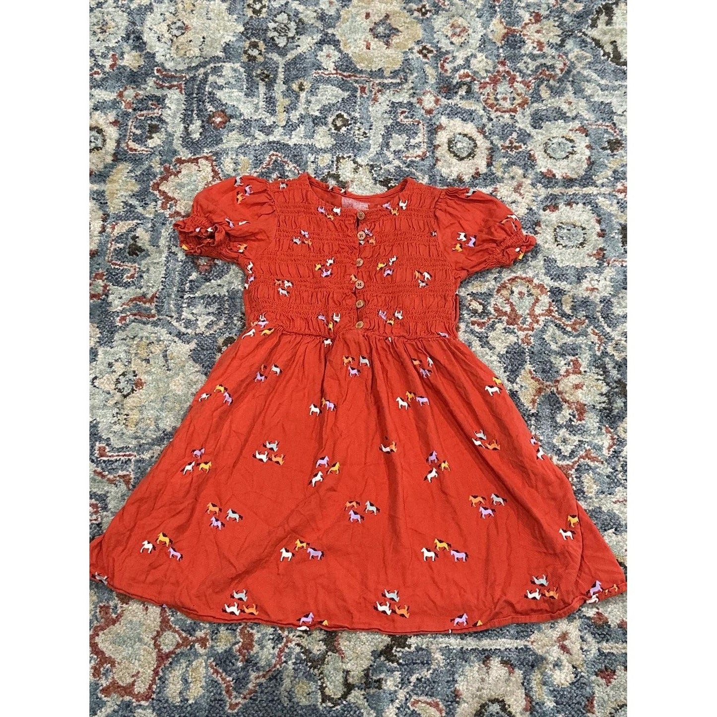 Cat & Jack Horse Print Dress Girls 8 Orange Smocked Puff Sleeve EUC0