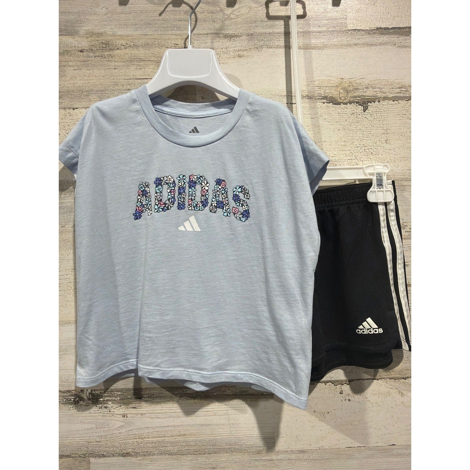 Adidas Shirt and Shorts Set Girls Size 7 Blue Black Floral Sporty GUC0