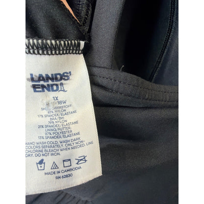 Lands End Swim Dress Women 1X Black Faux Wrap Surplice Classic EUC3